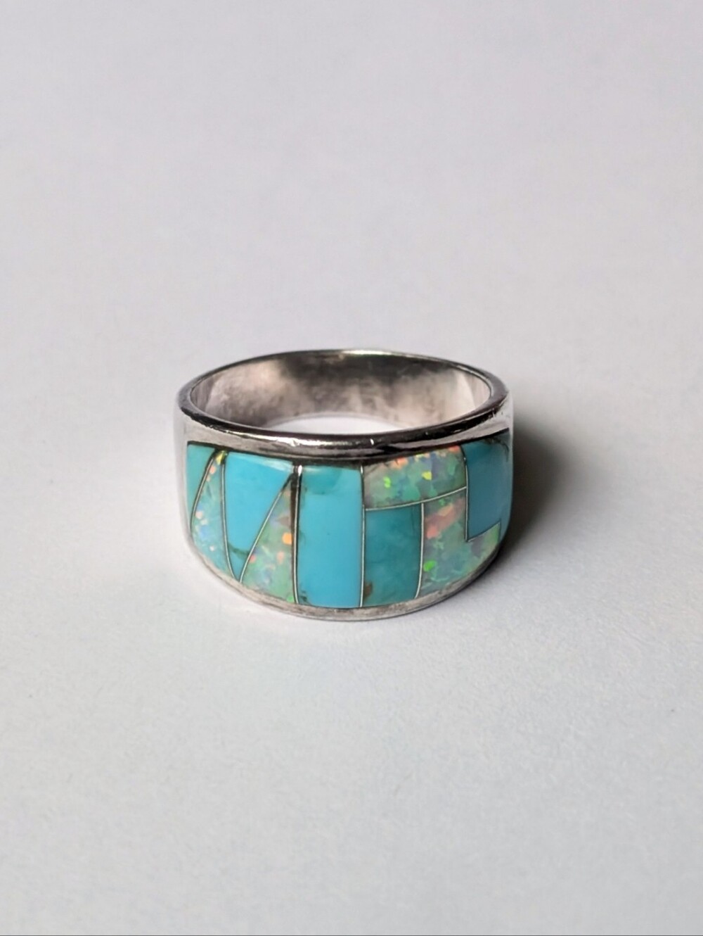 Sterling Silver Native American WhiteRock Ring band turquoise opal inlay 925